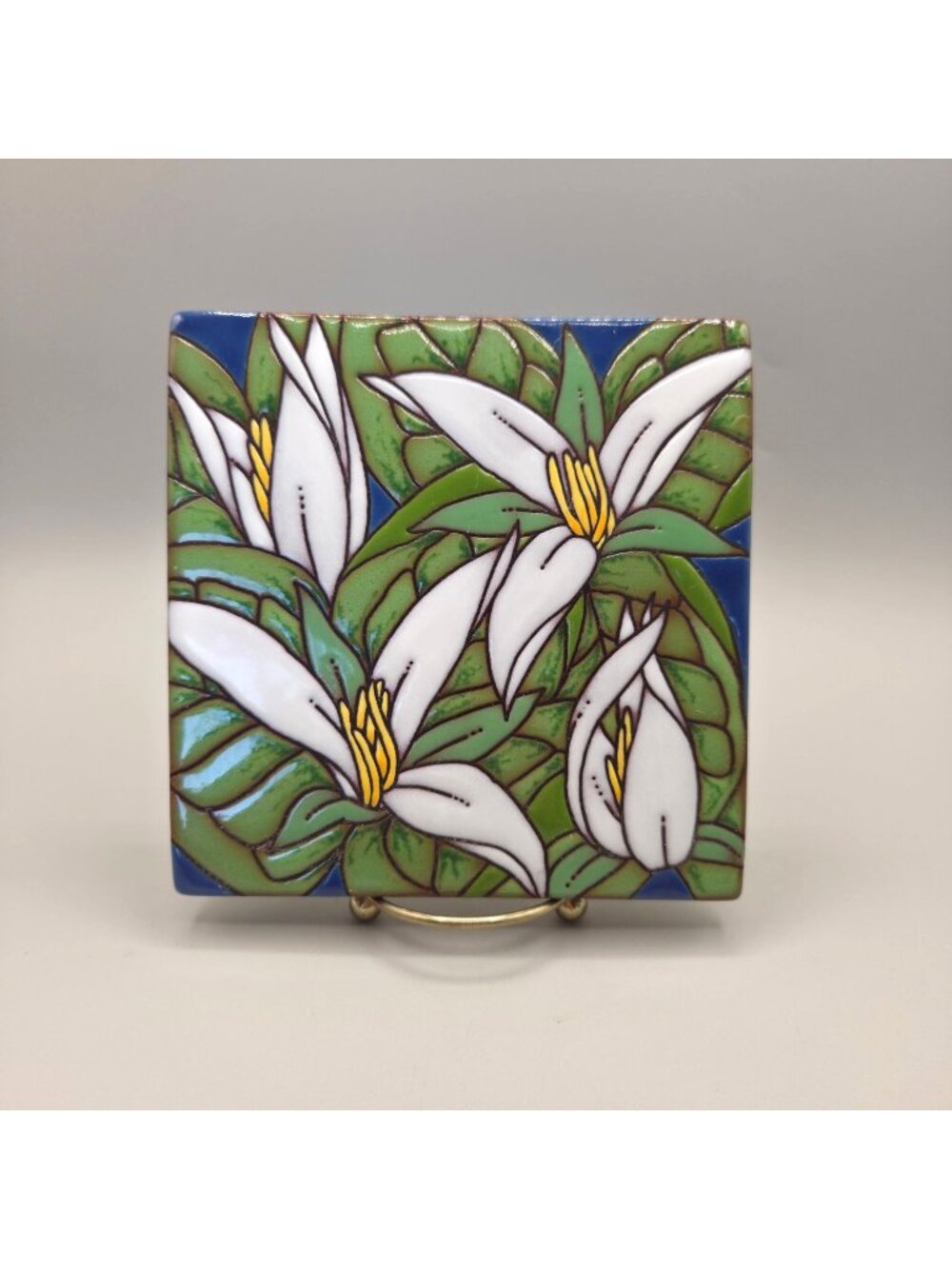Trillium Wildflower Ceramic Tile Wall Hanging Trivet High Relief Hand Painted